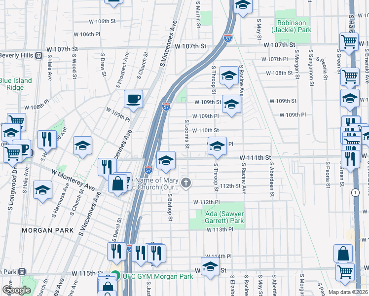 map of restaurants, bars, coffee shops, grocery stores, and more near 1405 West 110th Place in Chicago