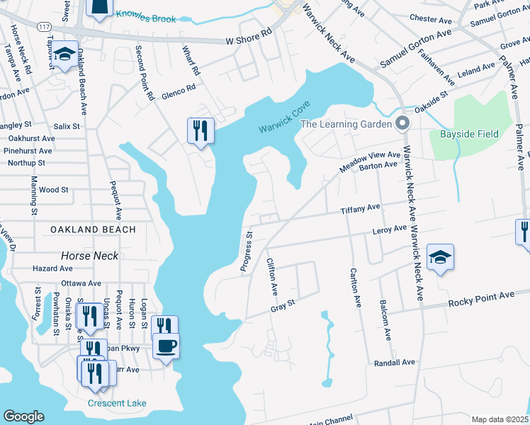 map of restaurants, bars, coffee shops, grocery stores, and more near 439 Tiffany Avenue in Warwick