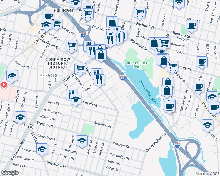 map of restaurants, bars, coffee shops, grocery stores, and more near 35 Lewiston Street in Fall River