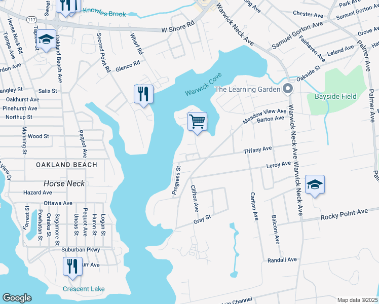 map of restaurants, bars, coffee shops, grocery stores, and more near 439 Tiffany Avenue in Warwick