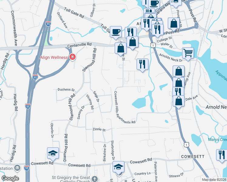 map of restaurants, bars, coffee shops, grocery stores, and more near 21 Cowesett Hills Apartments Road in Warwick