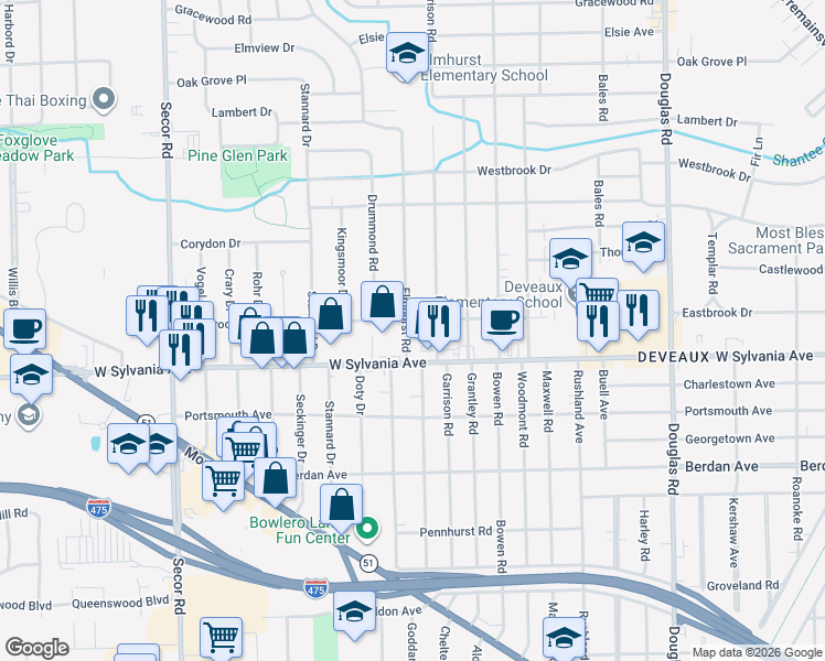 map of restaurants, bars, coffee shops, grocery stores, and more near 2936 W Sylvania Ave in Toledo