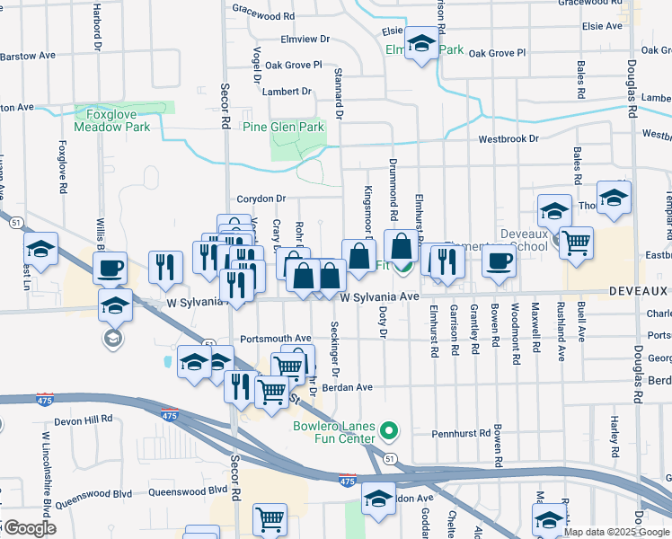 map of restaurants, bars, coffee shops, grocery stores, and more near 4020 Stannard Drive in Toledo