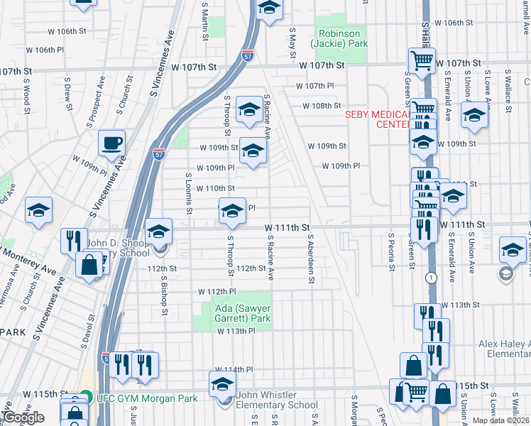 map of restaurants, bars, coffee shops, grocery stores, and more near 1206 West 111th Street in Chicago