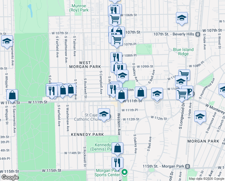 map of restaurants, bars, coffee shops, grocery stores, and more near 11021 South Artesian Avenue in Chicago