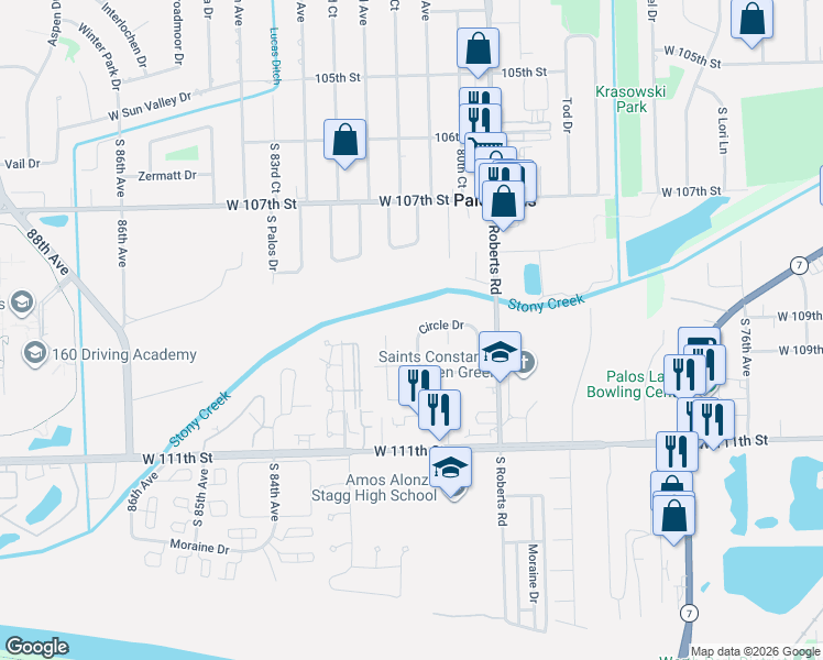 map of restaurants, bars, coffee shops, grocery stores, and more near 10912 Circle Drive in Palos Hills