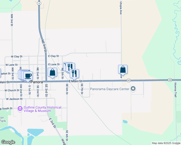 map of restaurants, bars, coffee shops, grocery stores, and more near 803 East Main Street in Panora