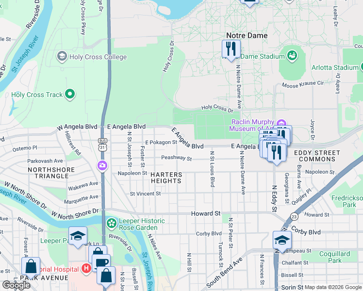 map of restaurants, bars, coffee shops, grocery stores, and more near 1306 North Lawrence Street in South Bend