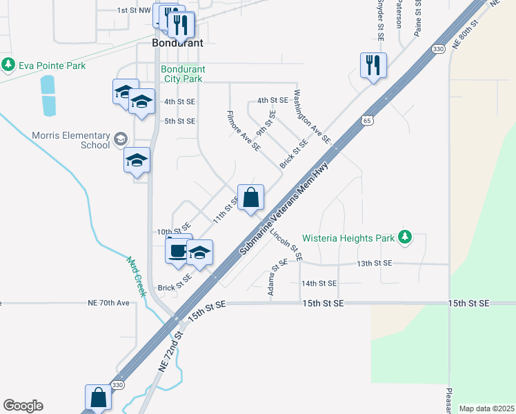 map of restaurants, bars, coffee shops, grocery stores, and more near 515 Brick Street Southeast in Bondurant