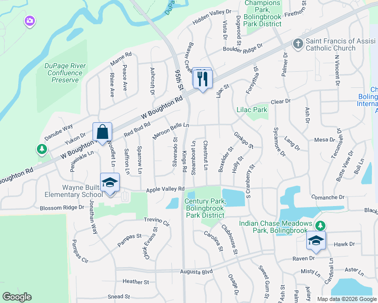 map of restaurants, bars, coffee shops, grocery stores, and more near 155 Steamboat Lane in Bolingbrook