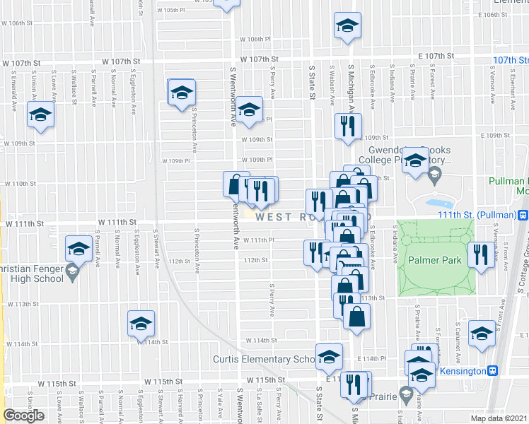 map of restaurants, bars, coffee shops, grocery stores, and more near 45 West 111th Street in Chicago