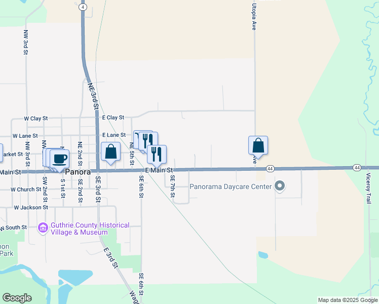 map of restaurants, bars, coffee shops, grocery stores, and more near 807 East Main Street in Panora