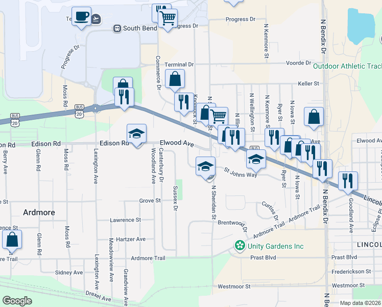 map of restaurants, bars, coffee shops, grocery stores, and more near 1300 North Cove Street in South Bend