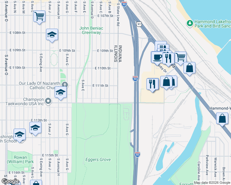 map of restaurants, bars, coffee shops, grocery stores, and more near 11134 South State Line Road in Chicago