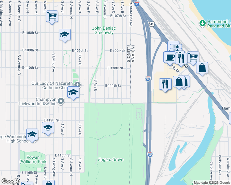 map of restaurants, bars, coffee shops, grocery stores, and more near 11139 South Avenue C in Chicago