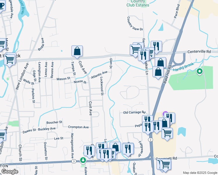map of restaurants, bars, coffee shops, grocery stores, and more near 60 Trellis Drive in West Warwick