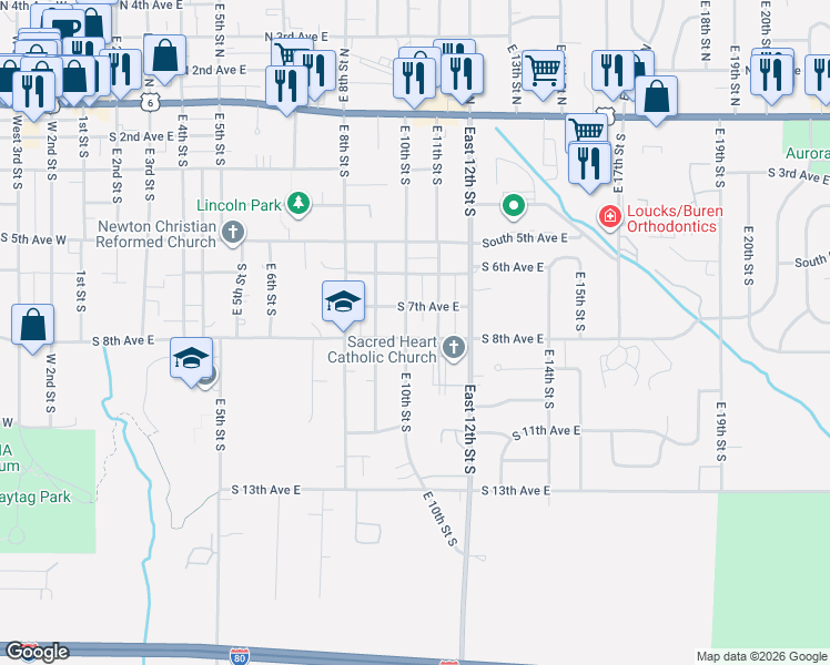 map of restaurants, bars, coffee shops, grocery stores, and more near 1002 South 8th Avenue East in Newton