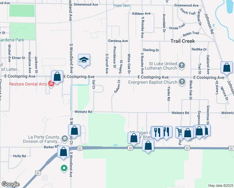 map of restaurants, bars, coffee shops, grocery stores, and more near 3401 Salem Court in Michigan City