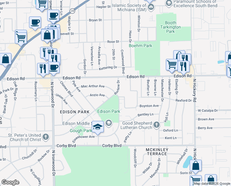 map of restaurants, bars, coffee shops, grocery stores, and more near 2899 Mac Arthur Avenue in South Bend