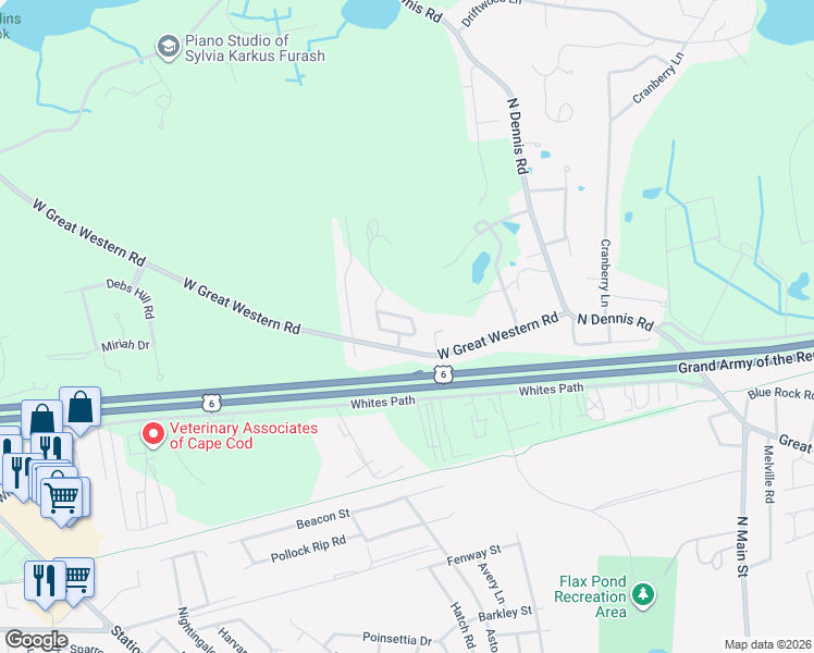 map of restaurants, bars, coffee shops, grocery stores, and more near 11 Hawk's Wing Road in Yarmouth