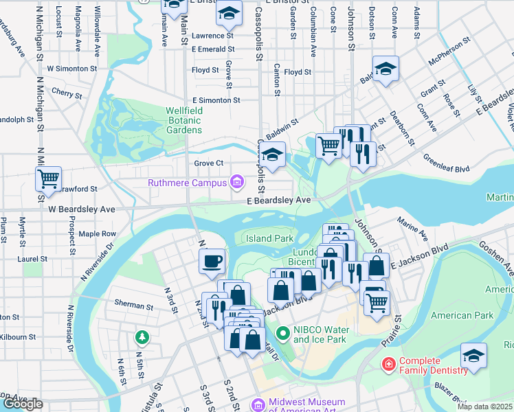map of restaurants, bars, coffee shops, grocery stores, and more near 331 E Beardsley Ave in Elkhart