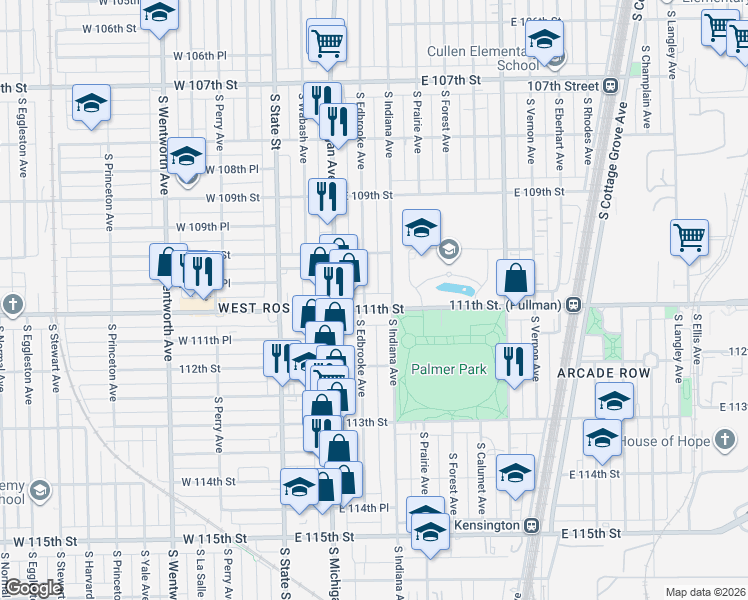 map of restaurants, bars, coffee shops, grocery stores, and more near 143 East 111th Street in Chicago