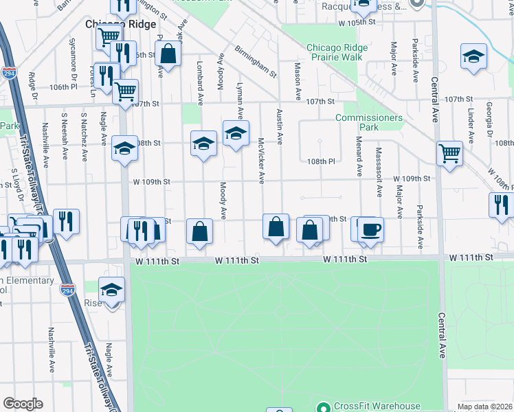 map of restaurants, bars, coffee shops, grocery stores, and more near 10949 Lyman Avenue in Chicago Ridge