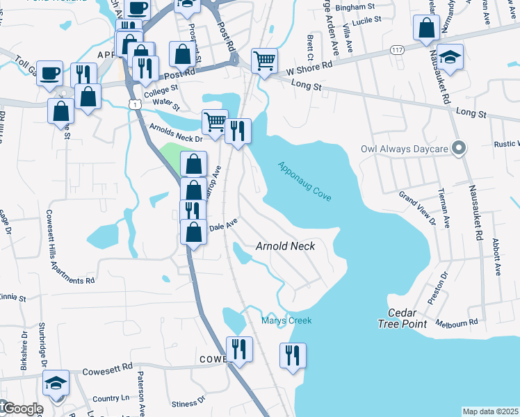 map of restaurants, bars, coffee shops, grocery stores, and more near 151 Staples Avenue in Warwick