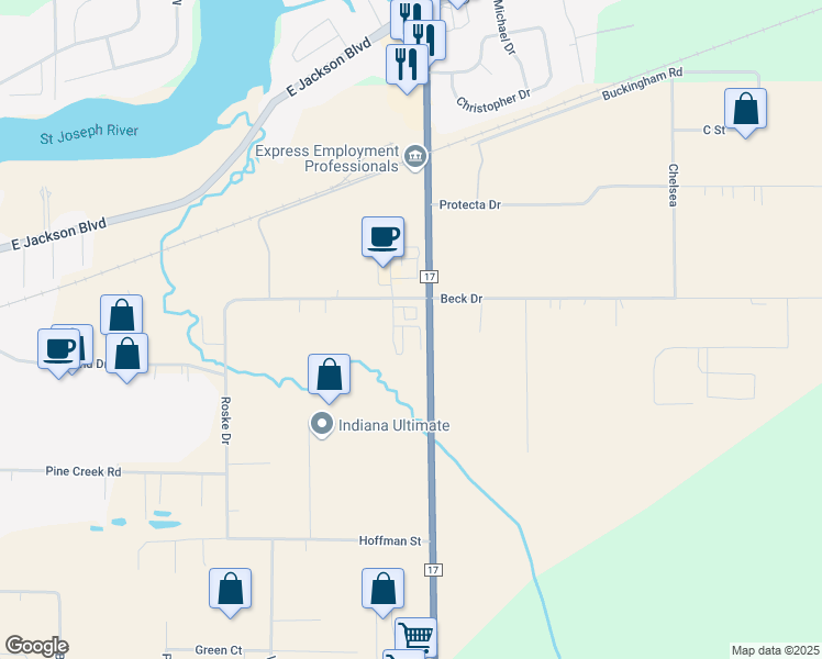 map of restaurants, bars, coffee shops, grocery stores, and more near 315 Co Road 17 in Elkhart