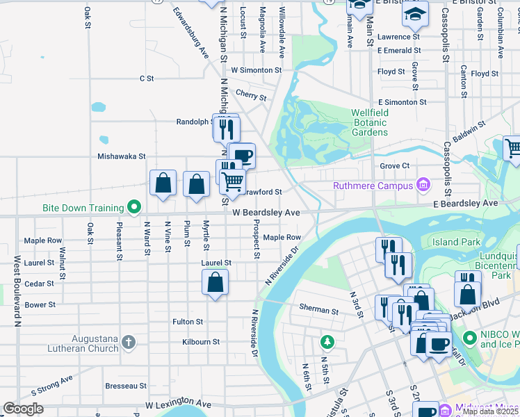 map of restaurants, bars, coffee shops, grocery stores, and more near 530 West Beardsley Avenue in Elkhart