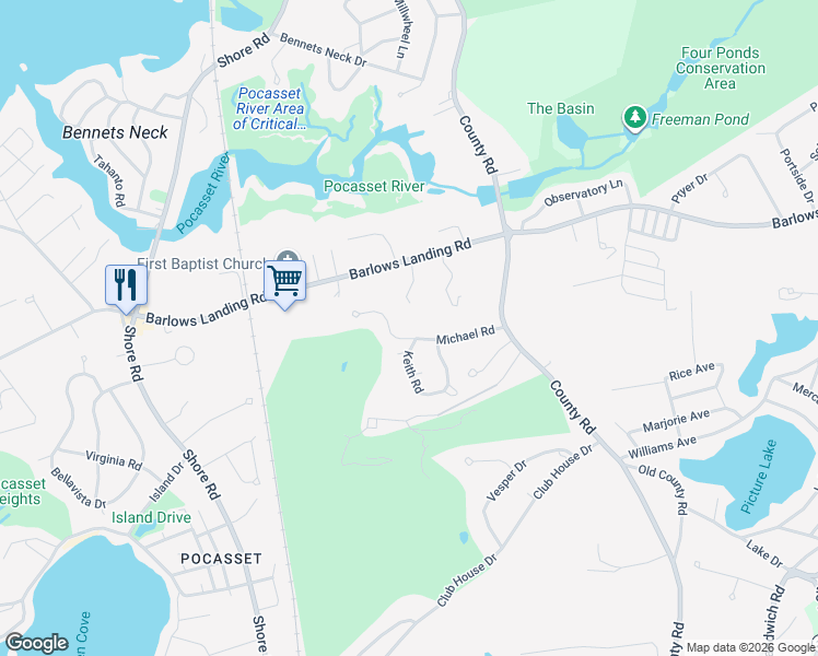 map of restaurants, bars, coffee shops, grocery stores, and more near in Bourne