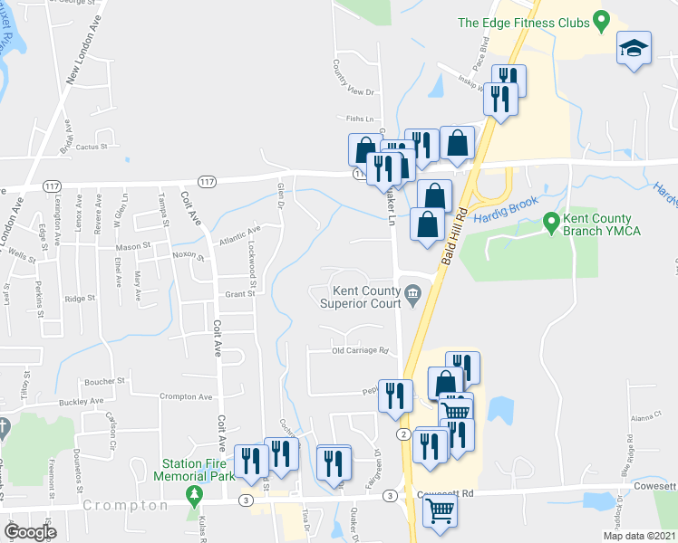 map of restaurants, bars, coffee shops, grocery stores, and more near 125 Trellis Drive in West Warwick