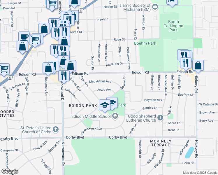 map of restaurants, bars, coffee shops, grocery stores, and more near 2721 Anzio Avenue in South Bend