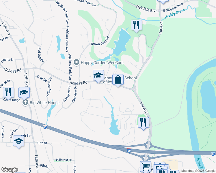 map of restaurants, bars, coffee shops, grocery stores, and more near 362-410 Holiday Road in Coralville