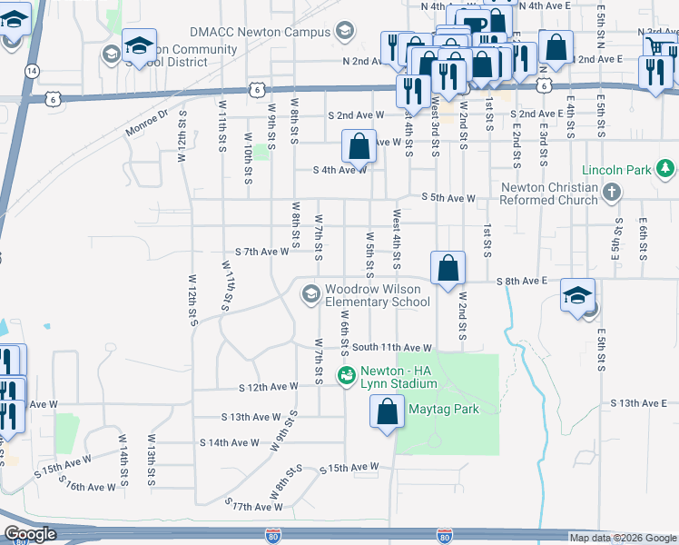 map of restaurants, bars, coffee shops, grocery stores, and more near 515 South 8th Avenue West in Newton