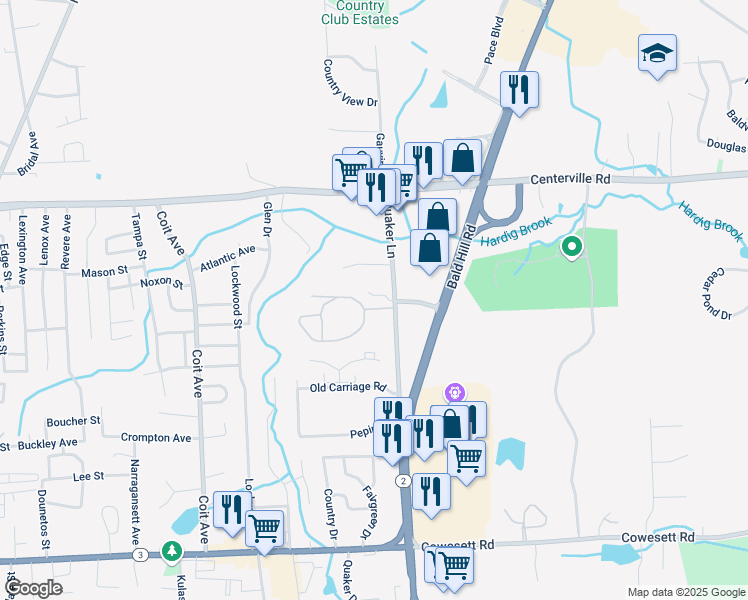 map of restaurants, bars, coffee shops, grocery stores, and more near 101 Quaker Lane in West Warwick
