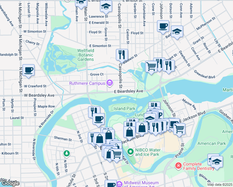 map of restaurants, bars, coffee shops, grocery stores, and more near 331 East Beardsley Avenue in Elkhart