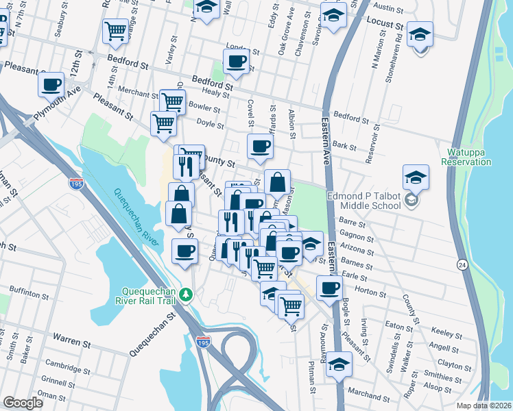 map of restaurants, bars, coffee shops, grocery stores, and more near 112 Flint Street in Fall River