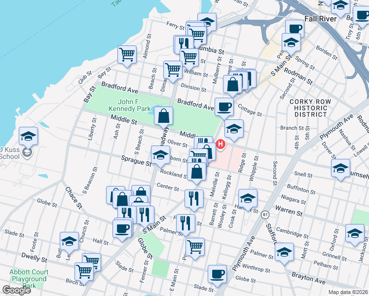 map of restaurants, bars, coffee shops, grocery stores, and more near 128 Osborn Street in Fall River