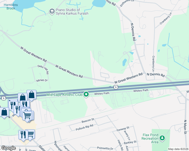 map of restaurants, bars, coffee shops, grocery stores, and more near 123 West Great Western Road in Yarmouth