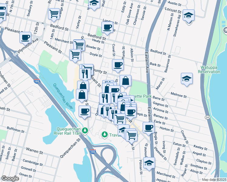 map of restaurants, bars, coffee shops, grocery stores, and more near 1248 Pleasant Street in Fall River