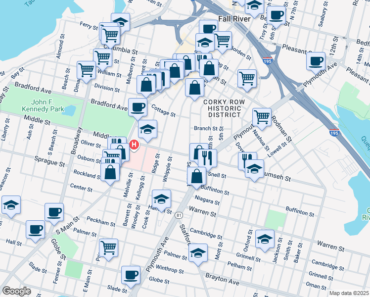 map of restaurants, bars, coffee shops, grocery stores, and more near 1017 Middle Street in Fall River