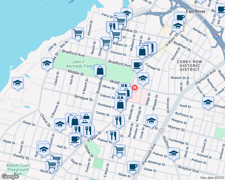 map of restaurants, bars, coffee shops, grocery stores, and more near 128 Osborn Street in Fall River