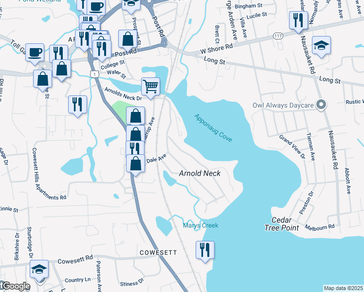 map of restaurants, bars, coffee shops, grocery stores, and more near 151 Staples Avenue in Warwick
