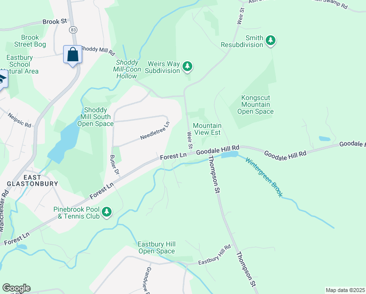 map of restaurants, bars, coffee shops, grocery stores, and more near 383 Forest Lane in Glastonbury