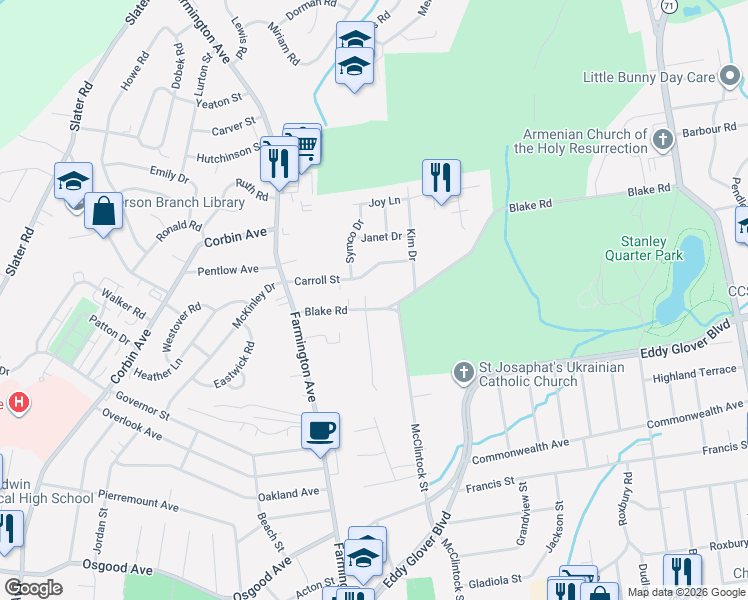 map of restaurants, bars, coffee shops, grocery stores, and more near 75 Blake Road in New Britain