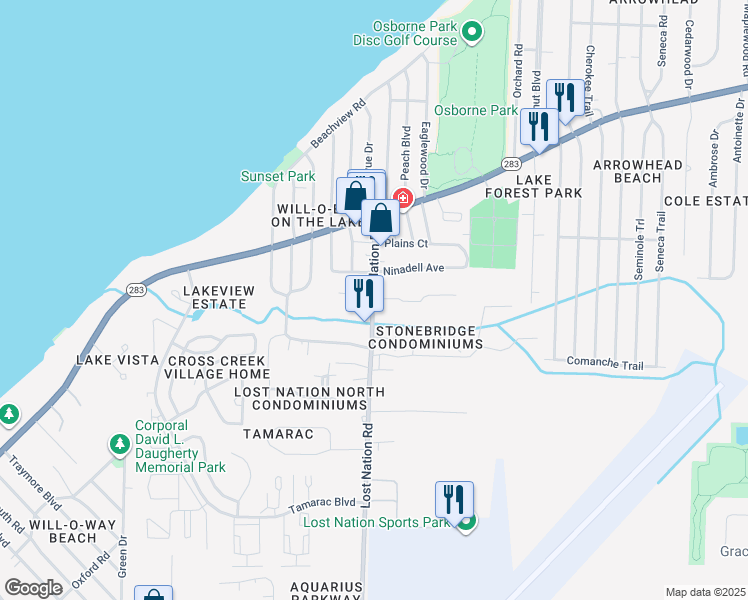map of restaurants, bars, coffee shops, grocery stores, and more near 1225 Lost Nation Road in Willoughby