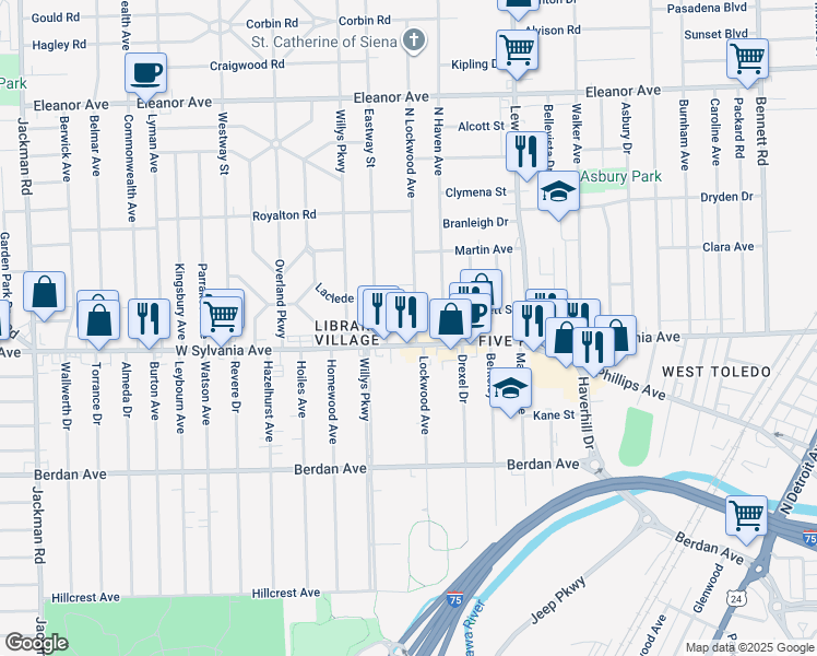 map of restaurants, bars, coffee shops, grocery stores, and more near 1176 West Sylvania Avenue in Toledo