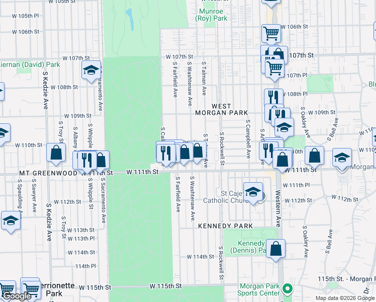 map of restaurants, bars, coffee shops, grocery stores, and more near 11031 South Washtenaw Avenue in Chicago