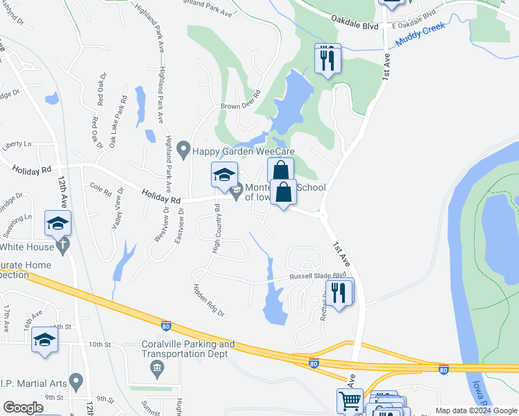 map of restaurants, bars, coffee shops, grocery stores, and more near 362-410 Holiday Road in Coralville